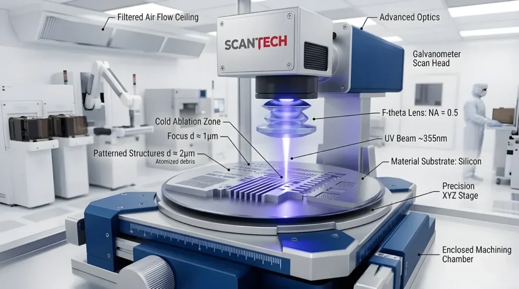A technical blueprint schematic visualizing multibeam laser micromachining by SCAN'TECH. A multi-nozzle print head delivering six GHz burst UV laser beams patterns an advanced aerospace composite substrate, achieving parallel processing with high efficiency and zero HAZ (cold ablation).