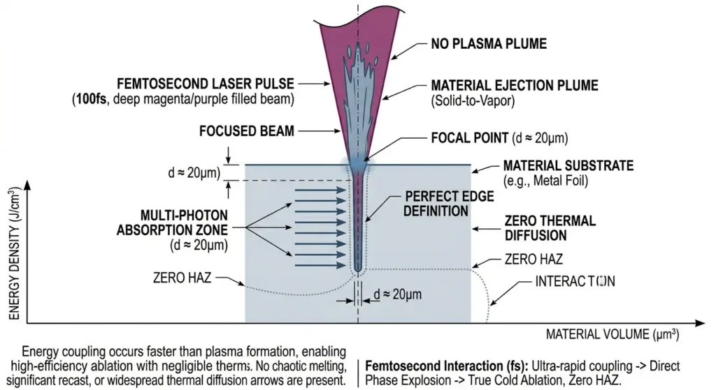 A technical blueprint schematic visualizing femtosecond laser-material interaction efficiency. The diagram shows minimal plasma shielding allowing straight, efficient technical photon arrows to couple directly with the target surface, resulting in a deep, clean ablation channel and a minimal heat-affected zone (Minimal HAZ).