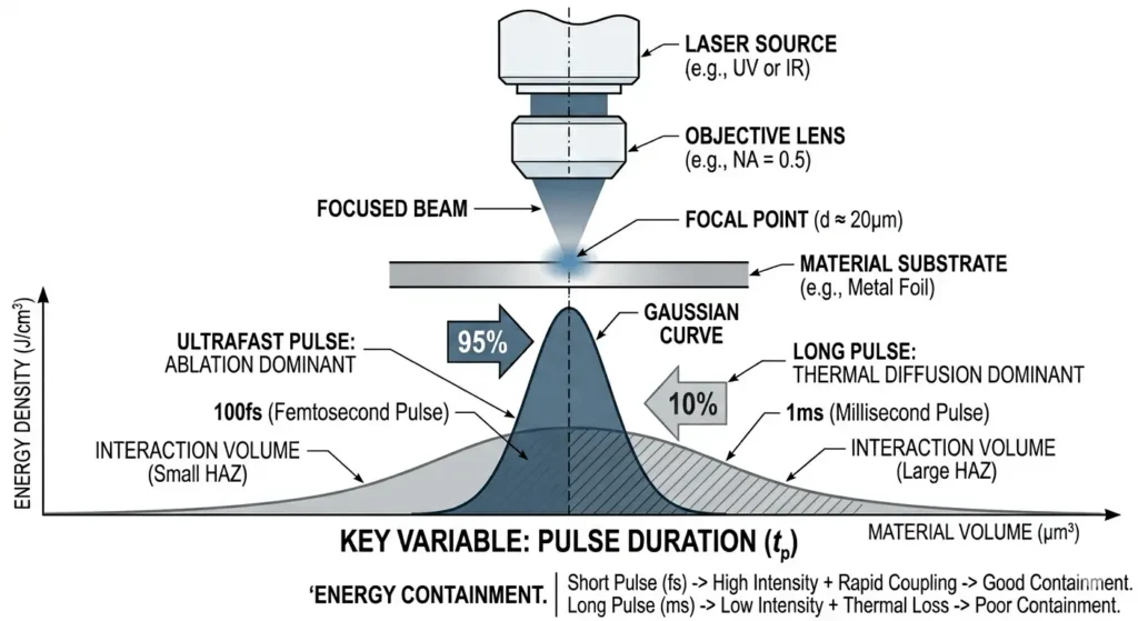 Engineering schematic contrasting laser micro-machining energy containment using overlaid Gaussian curves. A tall, narrow peak (100fs) shows good containment; a wide, low peak (1ms) shows poor containment due to thermal diffusion.