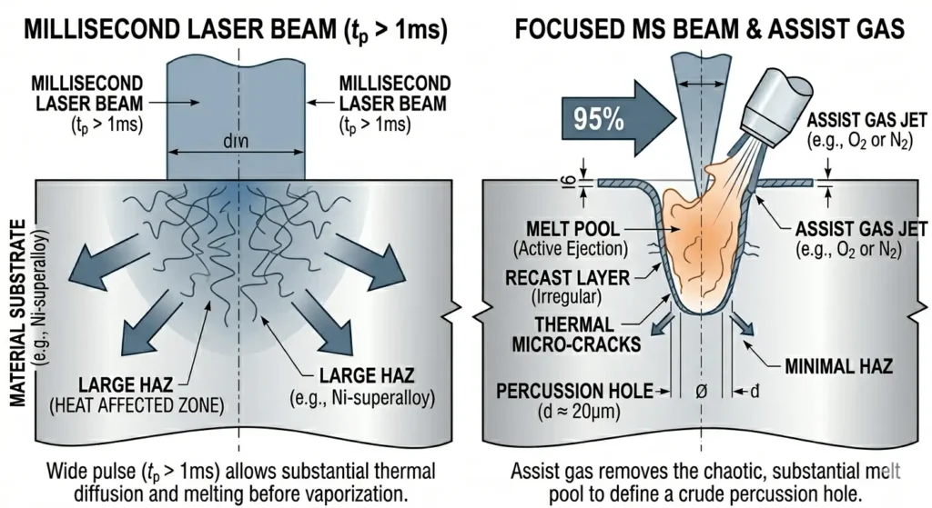 Technical schematic in a blueprint style detailing millisecond laser photothermal interaction. The right side shows a focused ms beam with an auxiliary assist gas actively blowing a large, chaotic, orange-tinted melt pool out of a percussion hole in thick Ni-superalloy, illustrating recast and micro-cracks.
