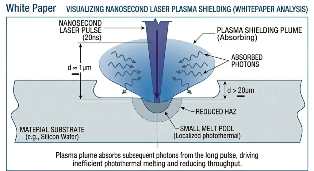 A technical illustration in a cohesive blueprint style visualizing plasma shielding during a nanosecond laser pulse. The diagram shows the expanding, absorbing plasma plume trapping subsequent photons (wavy arrows), which limits energy coupling to the surface and results in reduced material throughput.