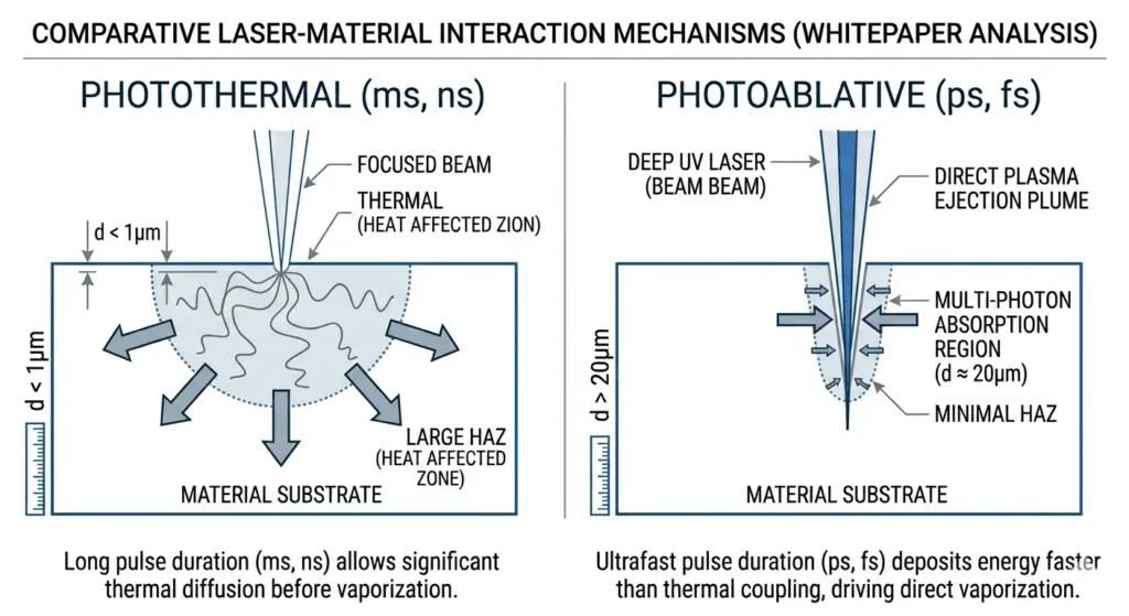 Technical illustration in a blueprint style contrasting laser-material interaction mechanisms. Left side shows photothermal (ms, ns) with large HAZ and widely diffusing heat arrows. Right side shows photoablative (ps, fs) with multi-photon absorption arrows pointing inward, a direct plasma plume ejection, and minimal HAZ.