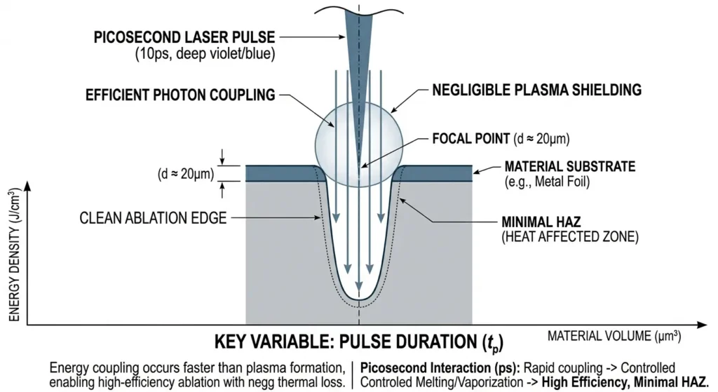 A technical blueprint schematic visualizing picosecond laser-material interaction efficiency. The diagram shows minimal plasma shielding (10ps) allowing straight, efficient photon arrows to couple directly with the target surface, resulting in a deep, clean ablation channel and a minimal heat-affected zone (Minimal HAZ).