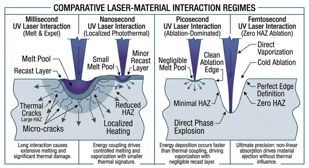 Technical diagram comparing Millisecond, Nanosecond, Picosecond, and Femtosecond UV laser interactions, illustrating the transition from melt pools and HAZ to zero-thermal cold ablation.